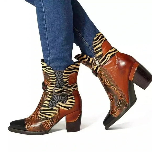 Scofty Retro Printed Cowgirl  Ankle Boots Brown Size 38 - Picture 1 of 8
